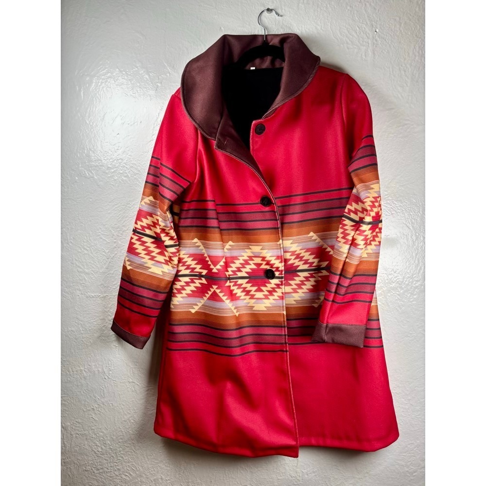Southwestern Aztec Red Brown Jacket Coat Women's Sz L‎ Tribal Duster Cowgirl